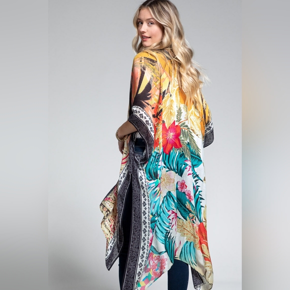 Tropical & Floral Print Kimono w Side Slits - Lightweight Jacquard Fabric - Picture 2 of 9